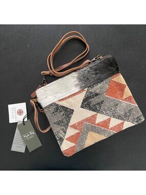 Myra Bag Womens Western Boho Crossbody Clutch Bag Cowhide Canvas Geometric Aztec